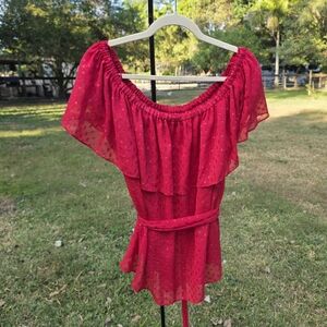NEW Red Off-Shoulder Ruffle Sheer Blouse Metallic Detail Flounce Tie Waist XL